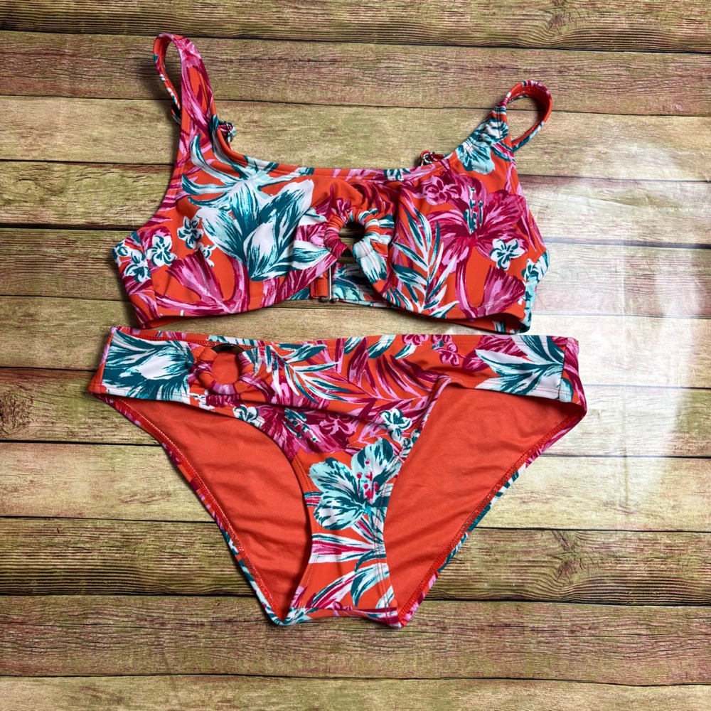 Adore Me Tropical Floral Bikini Set Orange Pink Teal O-Ring Keyhole Large